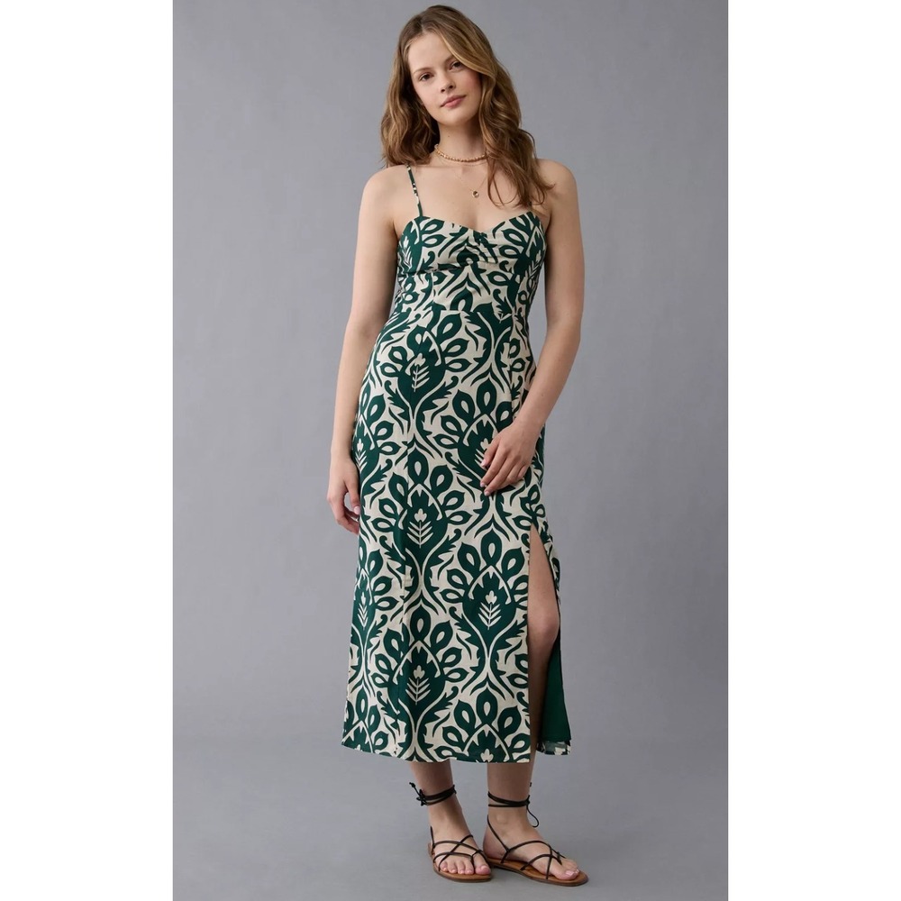 American Eagle Catie Corset Printed Column Midi Dress Green Tropical Vacation XS